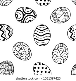 Easter eggs in black outline random on white background. Cute hand drawn seamless pattern design for Easter festival in vector illustration.