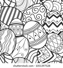 Easter eggs in black outline random on white background. Cute hand drawn seamless pattern design for Easter festival in vector illustration.