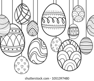 Easter eggs in black outline and white plane hang on white background. Cute hand drawn seamless pattern design for Easter festival in vector illustration.