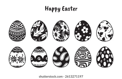 Easter Eggs Black and White Doodle Art Vector Illustration Collection Set