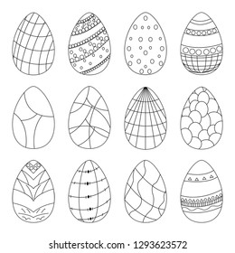 Easter eggs black and white hand drawing coloring for kids and adults. Coloring picture with small details vector illustration