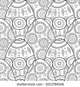 Easter eggs. Black and white seamless pattern for coloring books, pages. Vector