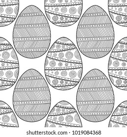 Easter eggs. Black and white seamless pattern for coloring books, pages. Vector
