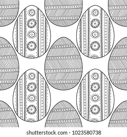 Easter eggs. Black and white seamless pattern for coloring books, pages. Vector