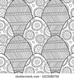 Easter eggs. Black and white seamless pattern for coloring books, pages. Vector