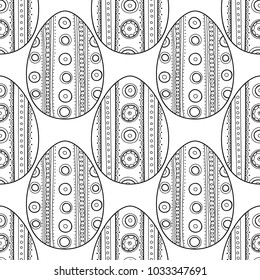 Easter eggs. Black and white seamless pattern for coloring books, pages. Vector