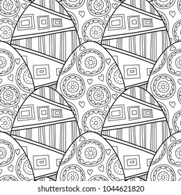 Easter eggs. Black and white seamless pattern for coloring books, pages. Vector