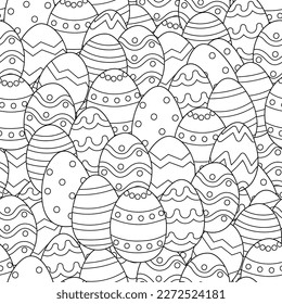 Easter eggs black and white seamless pattern. Ornamental doodle eggs coloring page. Line art print for coloring book. Vector illustration