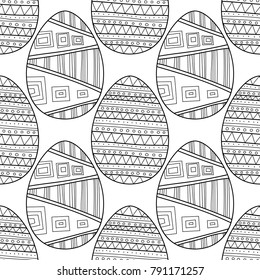 Easter eggs. Black and white seamless pattern for coloring books, pages. Vector