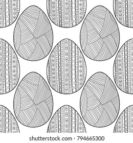 Easter eggs. Black and white seamless pattern for coloring books, pages. Vector