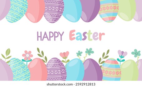Easter eggs and blooming flowers frame, border. Happy Easter spring holiday greeting card, invitation, poster, banner design element, vector illustration.