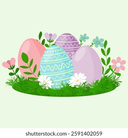 Easter eggs and blooming flowers on green meadow. Happy Easter spring holiday background, greeting card, invitation design element, vector illustration.