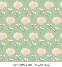 Easter Eggs and blossom twigs Seamless Pattern in trendy soft shades. Easter Festive background idea