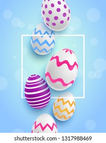 Easter Eggs. Blue background with border and flying eggs. Vertical banner. Vector