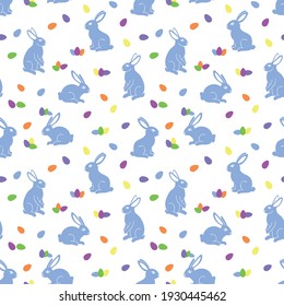 easter eggs and blue bunnies on white backgrouns vector seamless pattern
