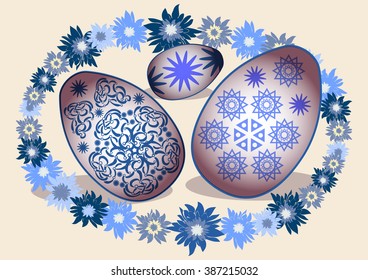 Easter eggs with blue flowers. Vector illustration. Typographic banner.