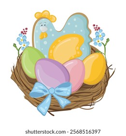 Easter eggs and blue hen in a nest decorated with blue flowers and a bow. Easter gifts in flat lay style. Multicolored eggs in the form of gingerbread. Vector isolated drawing on a white background