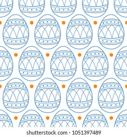 Easter eggs in blue outline and orange dots on white background. Cute hand drawn seamless pattern design for Easter festival in vector illustration.