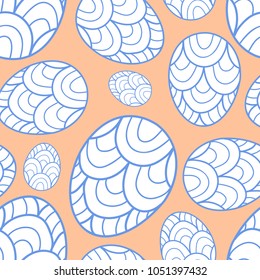Easter eggs in blue outline and white plane random on pink background. Cute hand drawn seamless pattern design for Easter festival in vector illustration.