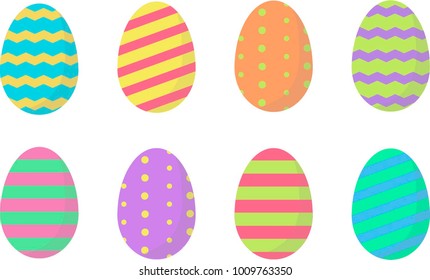 Easter Eggs in blue, yellow, purple, green, pink and turquoise Smooth Colors with Patterns of Dots and Stripes 