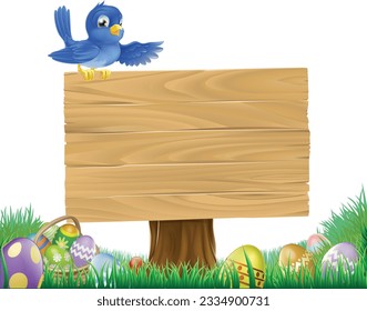 An Easter eggs and bluebird bird cartoon wooden sign
