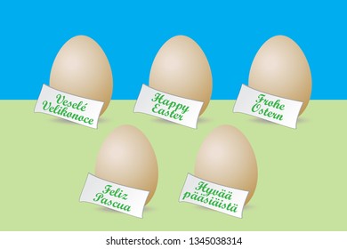 Easter eggs with board Veselé velikonoce, Happy Easter, Frohe Ostern, Feliz pascua, Hyvää pääsiäistä – vector,
