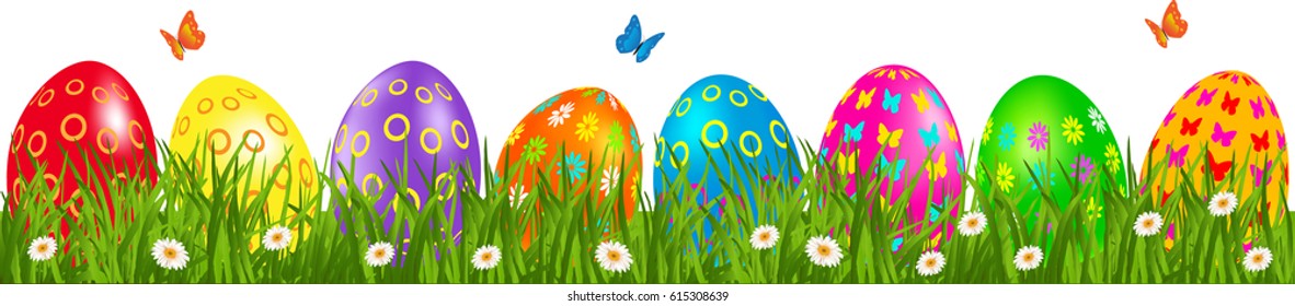 Easter eggs border with multicolored eggs in a grass with daisy and butterfly