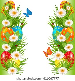 Easter eggs borders with multicolored eggs in a grass with daisy and butterfly