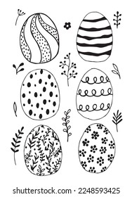 Easter eggs with botanical elements set doodle style. Happy easter hand drawn isolated on white background. Spring holiday. Happy Easter. Vector Illustration.