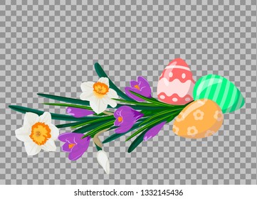 Easter eggs with bouquet of white daffodils and violet crocuces. Easter still life. Vector illustration 