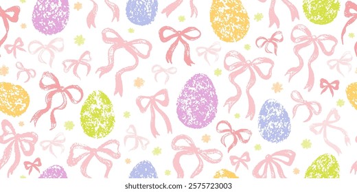 Easter eggs with bow pattern. Seamless crayon background. Vector for Happy Easter holiday. Spring doodle decoration with pink bow, ribbon, flower and eggs. Childish chalk crayon graphic. Seamless bg