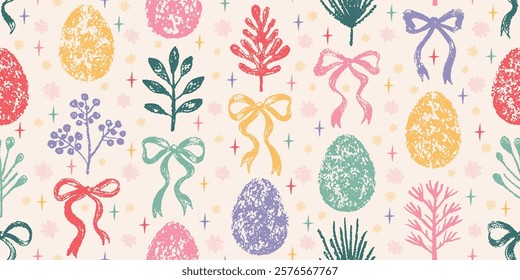 Easter eggs with bow and plant pattern. Seamless crayon background. Vector for Happy Easter holiday. Spring doodle decoration with bow ribbon, flower, egg. Childish chalk crayon bg. Cute seamless bg