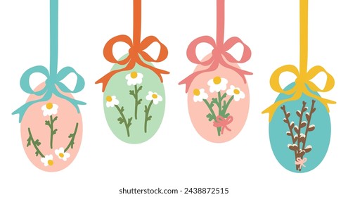 Easter Eggs with Bow Ribbon. Hanging Painted Easter Egg Garland or Border. Cute Aesthetic Kids Colorful Holiday Vector Illustration. Hand Drawn Childish Cartoon Style. Isolated on White Background.