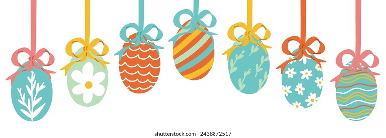 Easter Eggs with Bow Ribbon. Hanging Painted Easter Egg Garland or Border. Cute Aesthetic Kids Colorful Holiday Vector Illustration. Hand Drawn Childish Cartoon Style. Isolated on White Background.