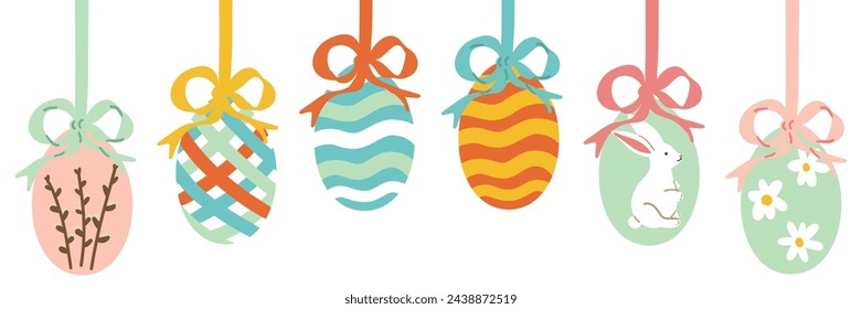 Easter Eggs with Bow Ribbon. Hanging Painted Easter Egg Garland or Border. Cute Aesthetic Kids Colorful Holiday Vector Illustration. Hand Drawn Childish Cartoon Style. Isolated on White Background.