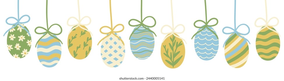 Easter Eggs with Bow Ribbon. Hanging Painted Easter Egg Garland or Border. Cute Aesthetic Kids Colorful Holiday Vector Illustration. Hand Drawn Childish Cartoon Style. Isolated on White Background.