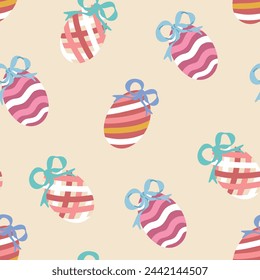 Easter Eggs with Bow Ribbon Seamless Pattern. Painted Striped Easter Egg Wallpaper. Colorful Holiday Print, Fabric, Textile, Fashion Vector Illustration on Beige Background.