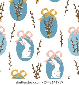 Easter Eggs with Bow Ribbon, Willow Twigs and Rabbit Seamless Pattern. Painted Easter Egg Wallpaper. Colorful Holiday Print, Fabric, Textile, Fashion Vector Illustration on White Background.