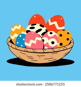 Easter eggs in a bowl on a blue background. Vector illustration