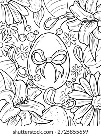 Ostereier mit Schleifen und Blumen Malvorlage, Kokette Blumengrafik mit Ostereiern, Gänseblümchen und Lilienblumen, schwarz-weiße Linienzeichnung, festliche Illustration, Frühlingsferienlinie Kunst