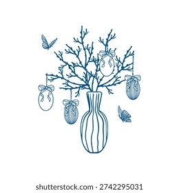 Easter eggs with bows hanging on branches in a vase. Fluttering butterflies. Hand drawn vector illustration in line art style. Monochrome clip art for cards, invitations and holiday banners.
