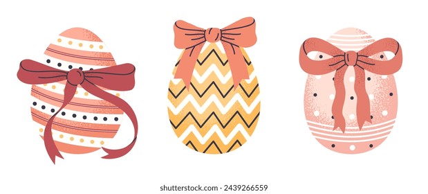 Easter eggs with bows. Painted spring Easter holiday chocolate egg with ribbon, traditional easter treats flat vector illustration set. Hand drawn decorative egg on white