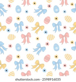 Easter eggs and bows seamless pattern on white background. Easter symbol - colored eggs. Simple vector illustration. Perfect for wrapping paper, wallpaper, textiles and decor.