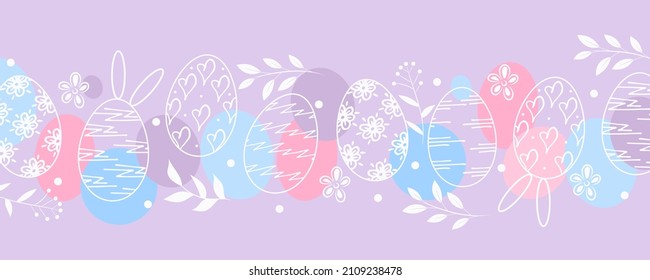 Easter eggs, branch and flower border. Holiday card on lilac background. Vector illustration