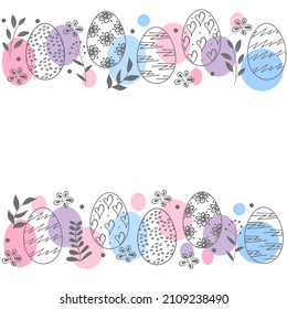 Easter eggs, branch and flower border. Holiday card with space for text on white background. Vector illustration