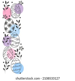 Easter eggs, branch and flower vertical border. Holiday card on white background. Vector illustration