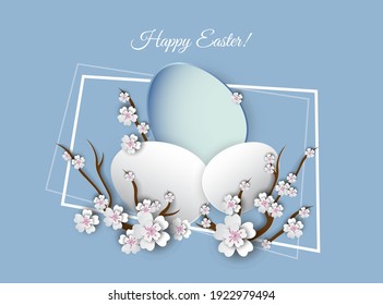 Huevos de Pascua y ramas de un árbol frutal floreciente sobre un fondo azul. Ilustración vectorial. 