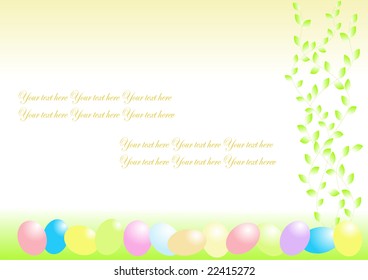 Easter eggs and branches with green sheet on gentile background