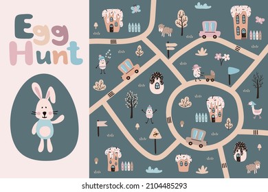 Easter eggs, bread, houses, animals, nature elements. Vector  egg hunting map. Cartoon style. For kids Easter celebration