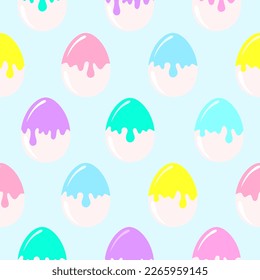 Easter eggs with bright glaze on a blue background. Seamless pattern.  Texture for fabric, wrapping, wallpaper. Decorative print. Vector illustration 